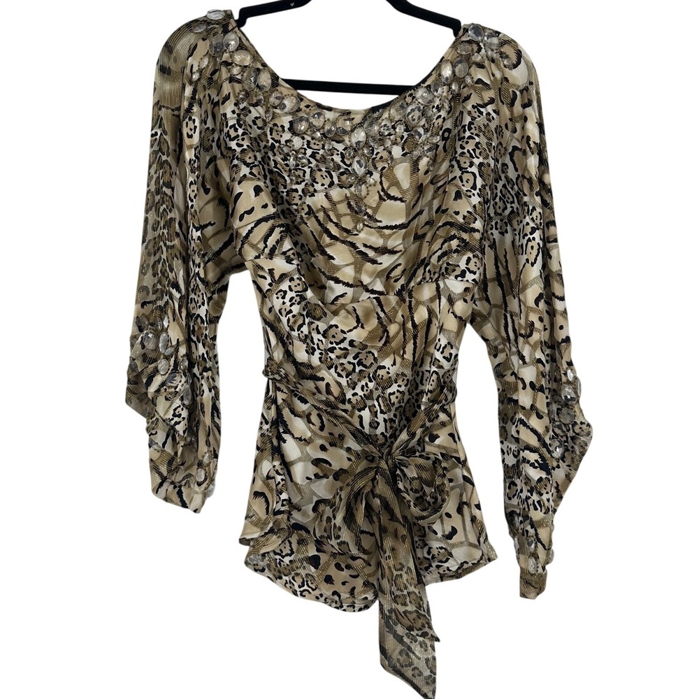 Cache Animal Print Silk Blend Jeweled Neck Blouse Gold Metallic Top S Whimsical